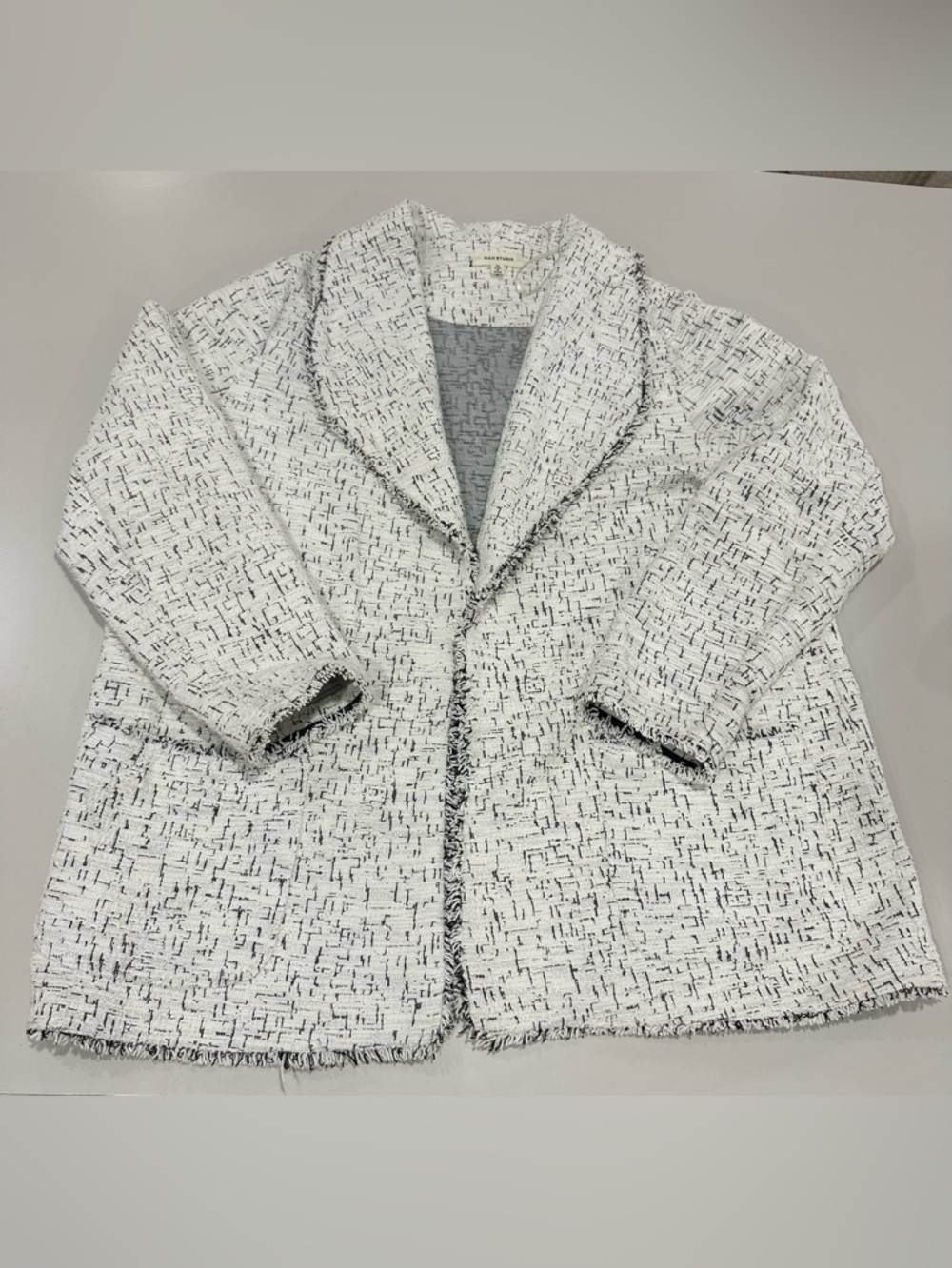 Max Studio White and Black Bouclé Open-Front Jacket